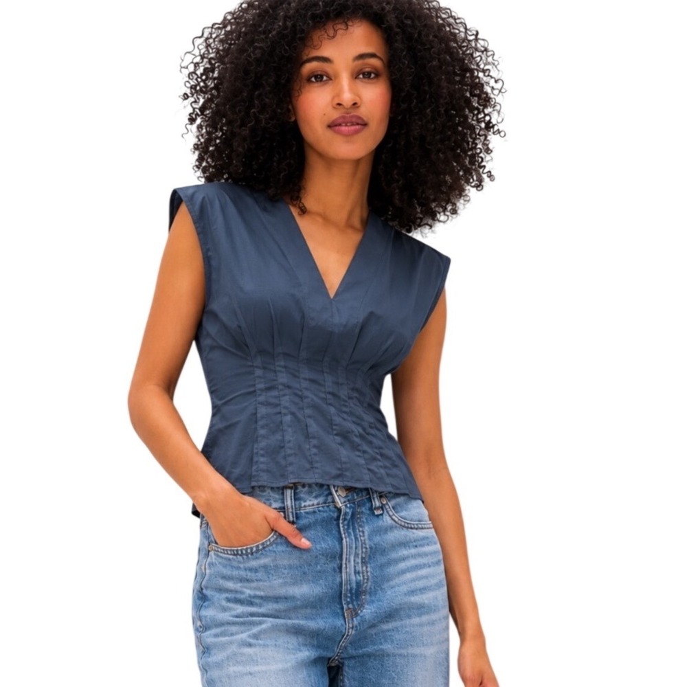 Rag & Bone Ines V-Neck Poplin Top Navy Pintuck Waist Cotton Size 2 US Size XS
